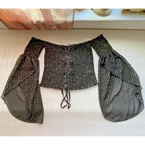 Charlotte Russe Shirt Lace Up Smocked Off The Shoulder Crop Top Black Gold Small